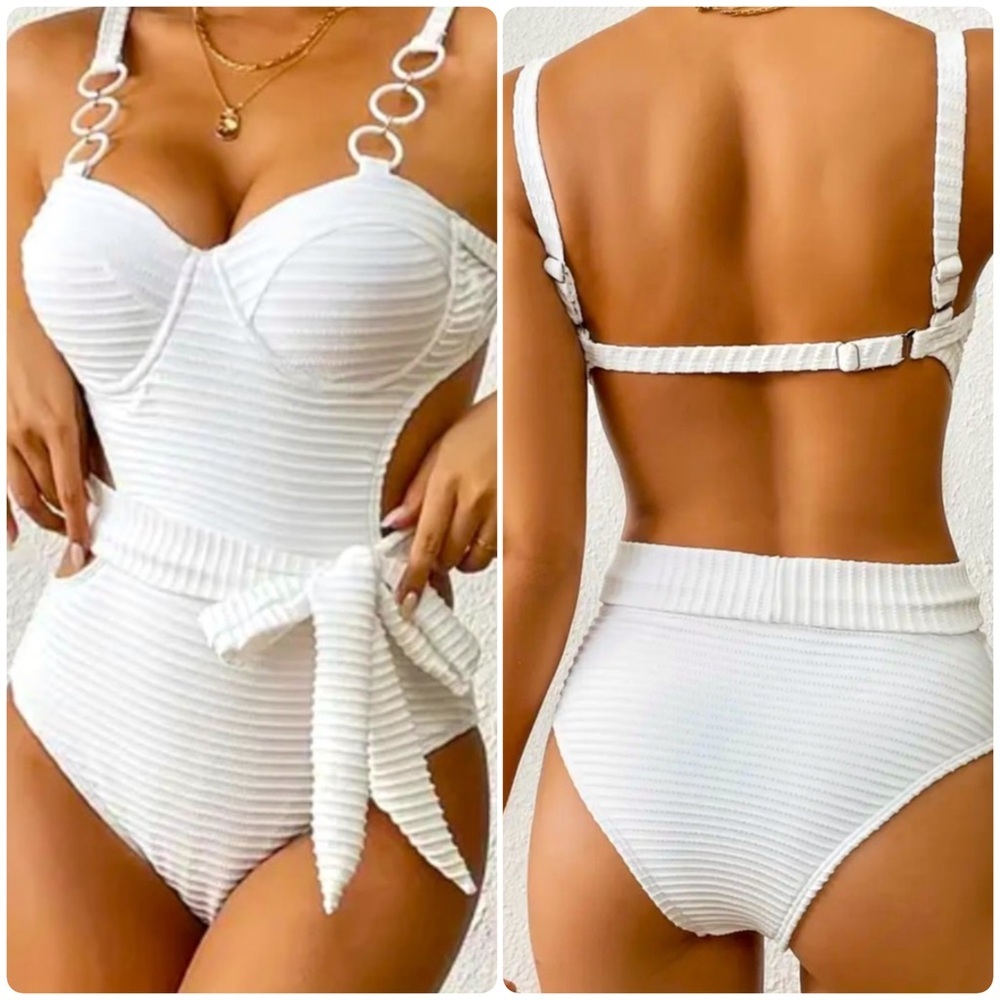 White Ribbed Push Up Cut Out Swimsuit